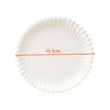 A white, fluted disposable paper plate with a red measurement line indicating 15.5cm.