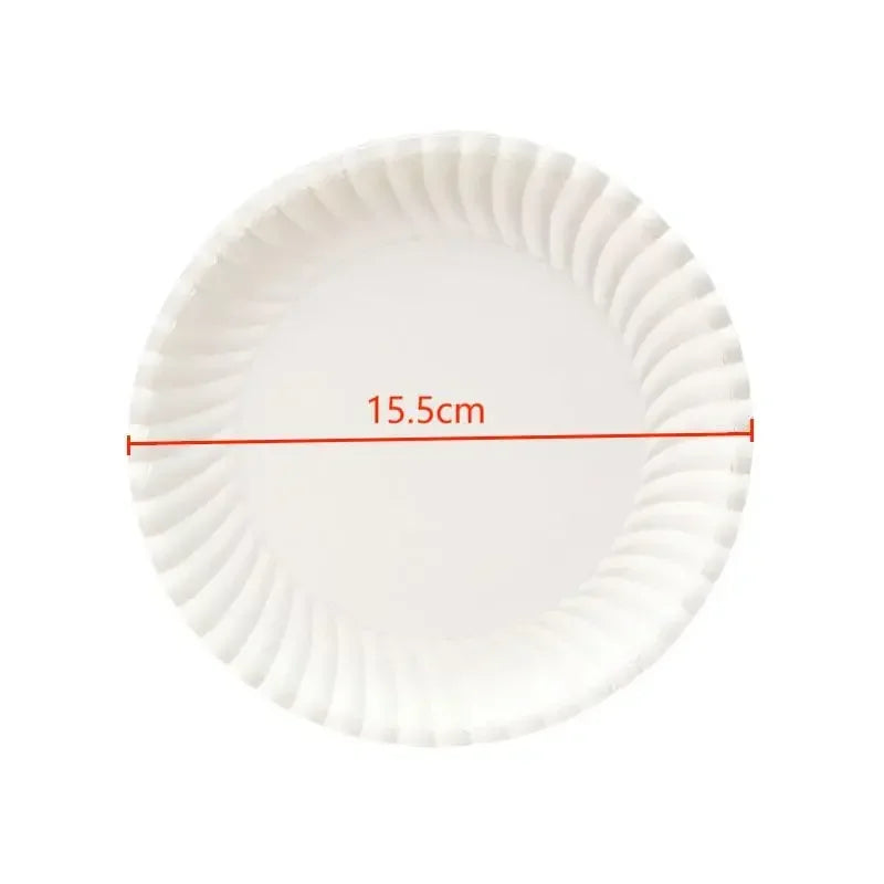 A white, fluted disposable paper plate with a red measurement line indicating 15.5cm.