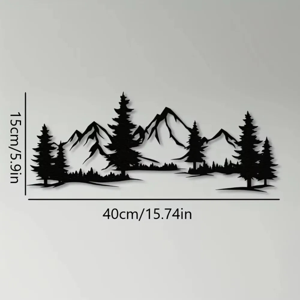 Black silhouette of a mountain range and evergreen trees on a white background.