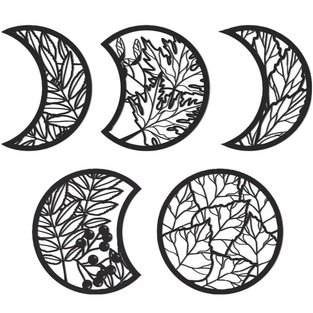 A set of four black silhouette designs depicting various moon phases and leafy branches for wall art.
