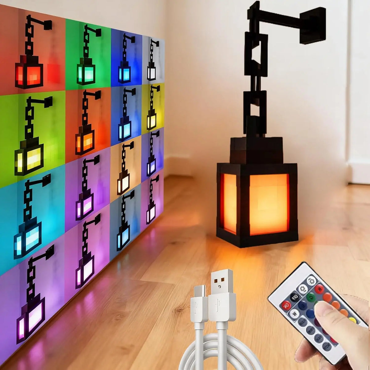 A vertical display of 16-color RGB pixel lanterns used as a night light, next to a black adjustable lamp and a hand holding a