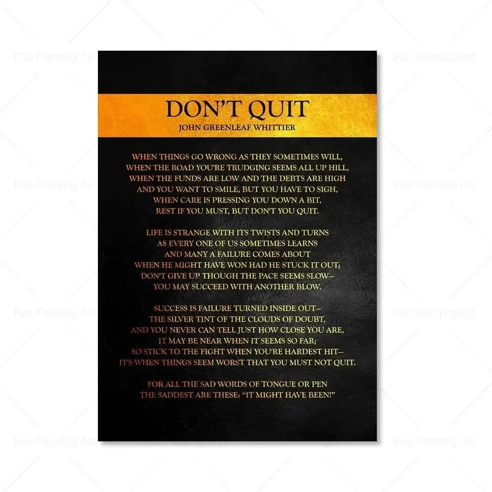 A black canvas print featuring the motivational quote Don't Quit by John Greenleaf Whittier in yellow text.