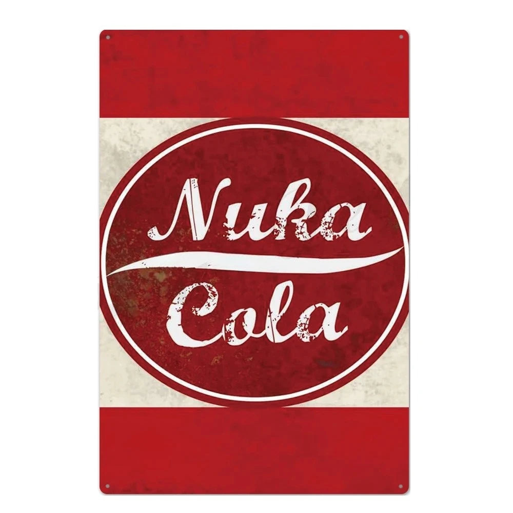 Vintage rusty cola metal wall sign with red and white stripes featuring the text Nuka Cola