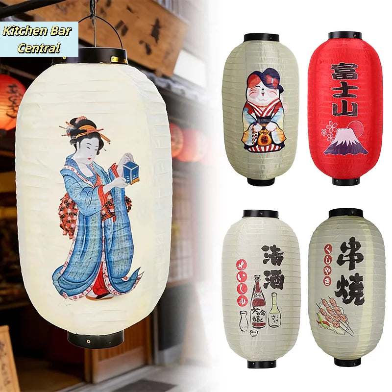 Japanese paper hanging lantern featuring a woman in blue and pink attire with a traditional design