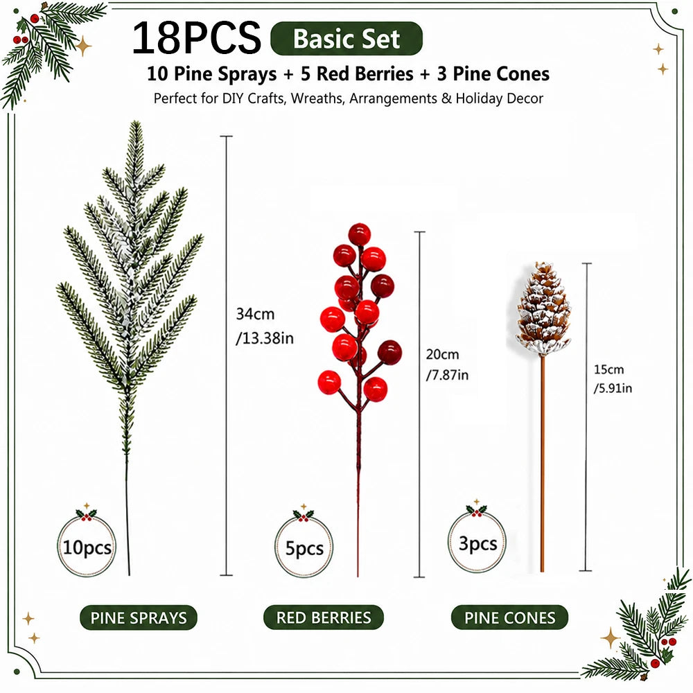 Basic set of 18 pieces including pine sprays, red berries, and pine cones for DIY crafts and holiday decor