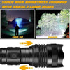 A black rechargeable zoom flashlight with a lens is shown alongside images demonstrating its brightness and zoom capabilities