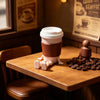 A brown 3D printed coffee bean cup figurine with articulated joints sits on a wooden table.