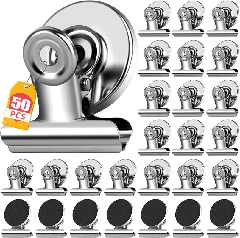 A set of heavy duty fridge magnetic clips in silver metal, shown from various angles.