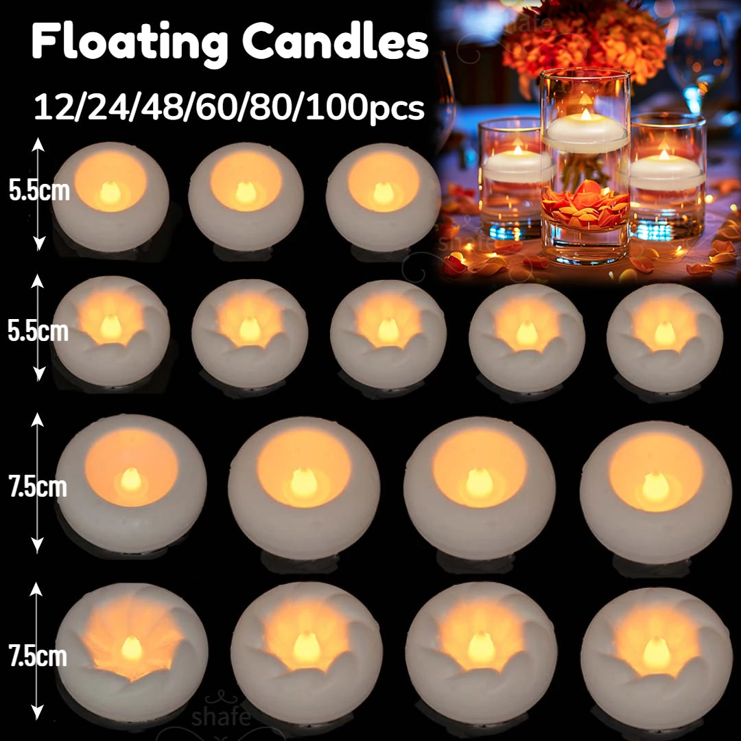 A collection of floating candles in various sizes and shapes, including round and oval designs.