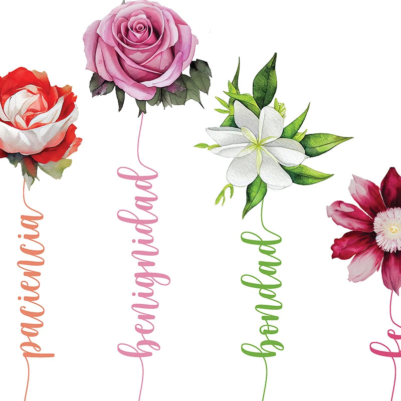 Watercolor illustration of a pink rose, a white flower, and green leaves with Spanish words paciencia, benignidad, and bondad