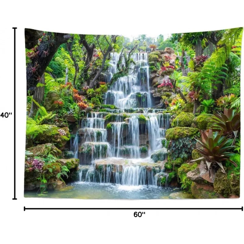 Panoramic waterfall rainforest tapestry featuring lush green foliage and cascading water.