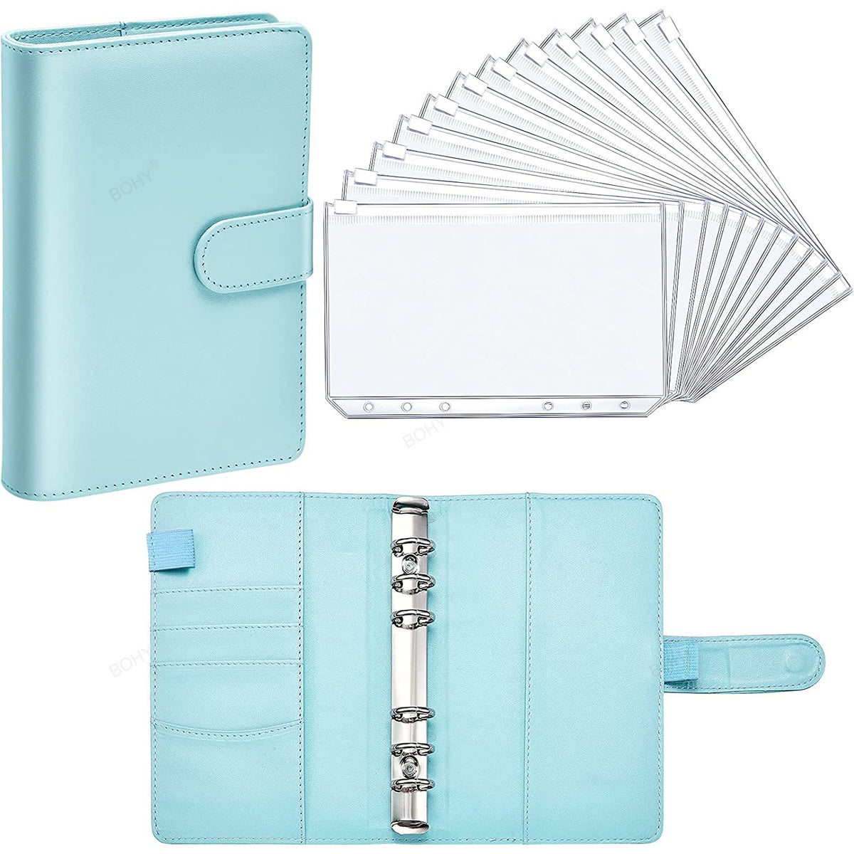 A light blue PU leather planner binder with a clear sleeve and multiple cash envelopes and expense sheets.