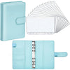 A light blue PU leather planner binder with attached cash envelopes and expense sheets