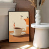 Abstract coffee wall art canvas print featuring a white cup on an orange surface with stylized figures.