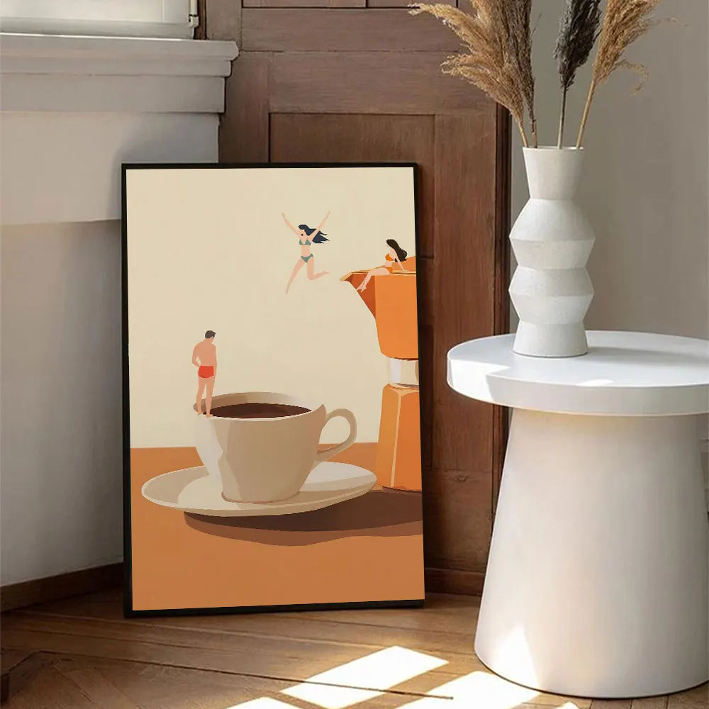 Abstract coffee wall art canvas print featuring a white cup on an orange surface with stylized figures.
