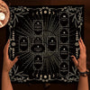 A black tarot card design featuring the Celtic Cross spread with numbered sections and decorative elements.