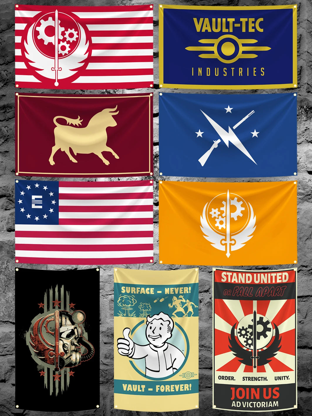 Collection de neuf drapeaux en tissu avec des thèmes patriotiques, industriels et militaires.