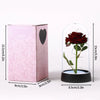 A pink box containing an eternal rose displayed inside a clear glass dome.