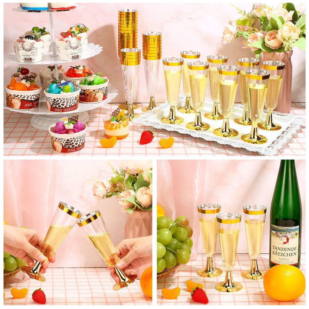 A display of elegant disposable plastic champagne flutes and various food items, including fruit and desserts.