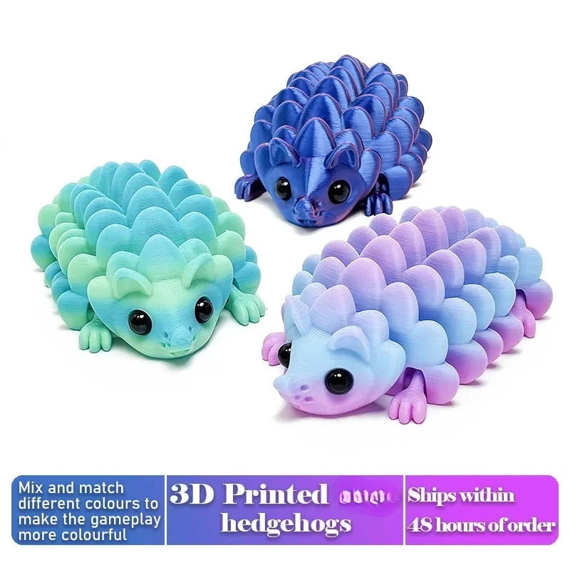 A set of three articulated 3D printed hedgehog figurines in shades of blue and purple.