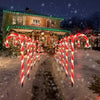 Red and white candy cane shaped solar pathway lights illuminating a snowy path leading to a house at night