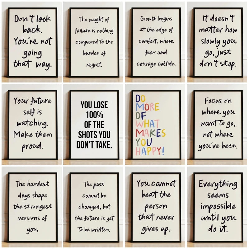 A grid of nine motivational quotes on white canvas prints with black text and a light gray background.