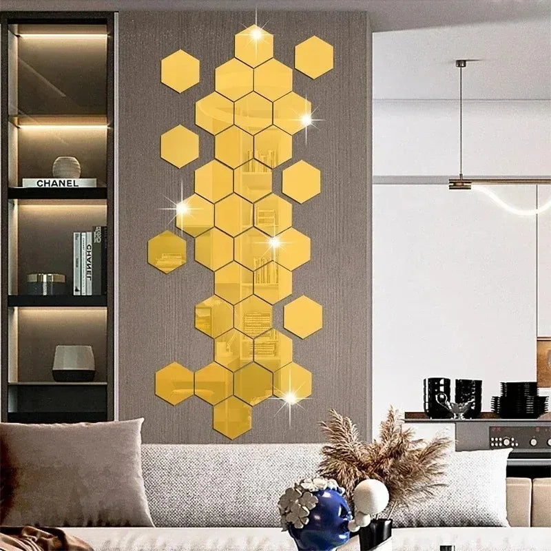 A wall decor sticker featuring a large, gold hexagon pattern on a gray background.