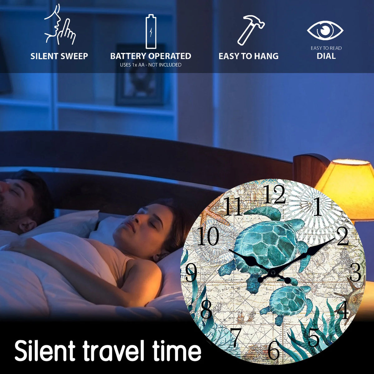 A handcrafted wooden turtle wall clock is shown on a nightstand next to a sleeping person, emphasizing silent travel time.