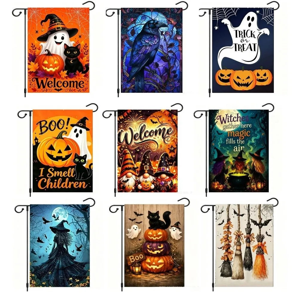 A collection of nine Halloween-themed art prints featuring cats, ghosts, pumpkins, and spooky garden scenes.
