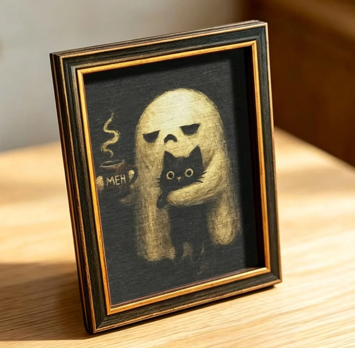 A framed illustration of a ghost cat with smoke coming from its mouth on a dark background.
