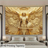 Golden tapestry of Archangel Michael with large feathered wings hanging above a bed.
