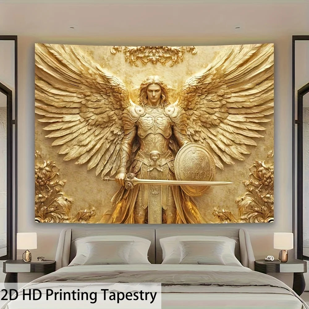 Golden tapestry of Archangel Michael with large feathered wings hanging above a bed.