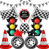 A set of race car traffic light balloons featuring red, yellow, and green lights.