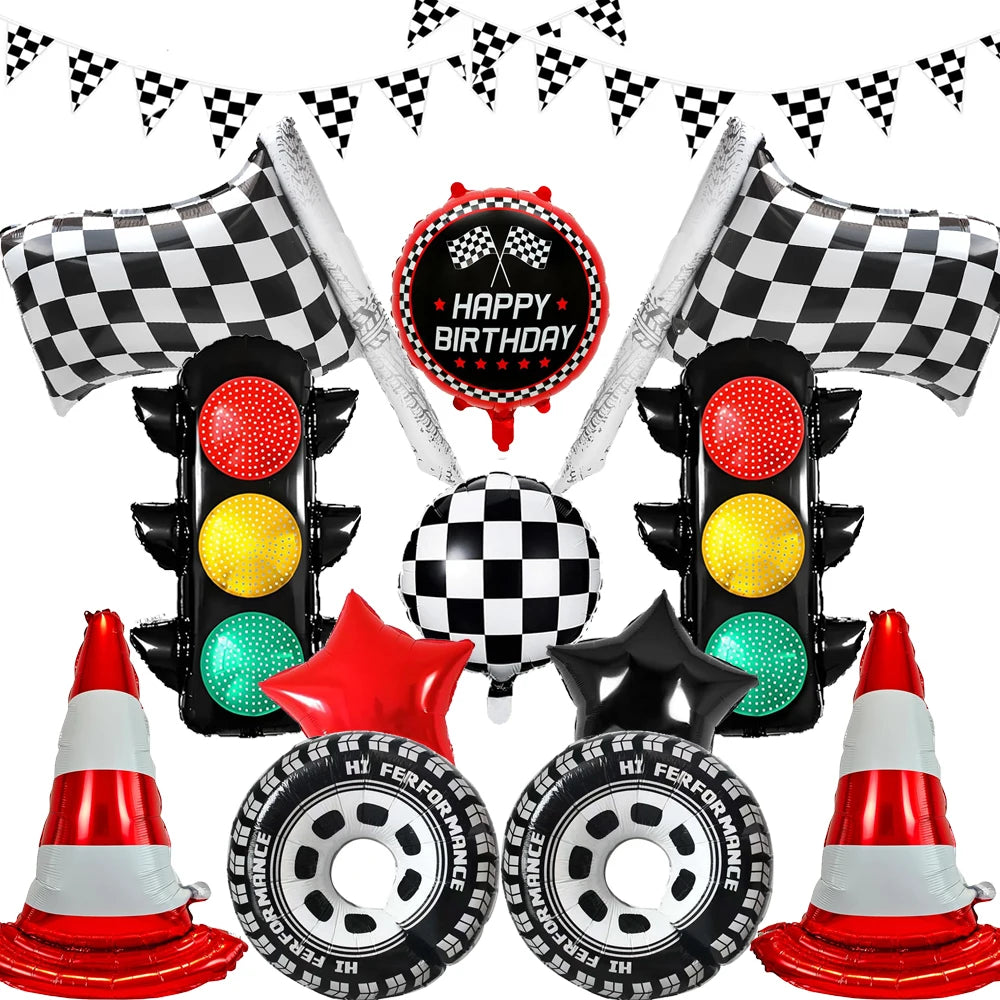 A set of race car traffic light balloons featuring red, yellow, and green lights.