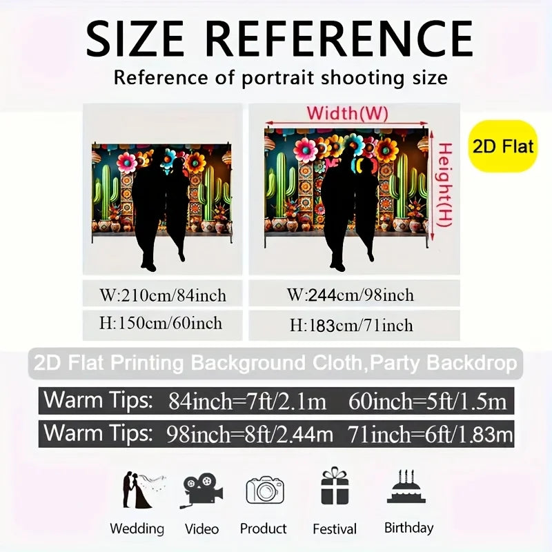 Size reference chart showing dimensions for a 2D flat printing background cloth for portrait shooting