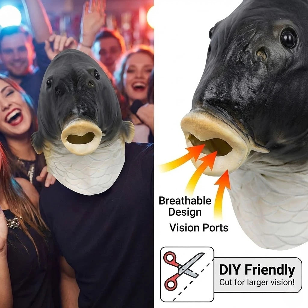 A black fish head latex costume mask with breathable design and vision ports, DIY friendly for larger vision.