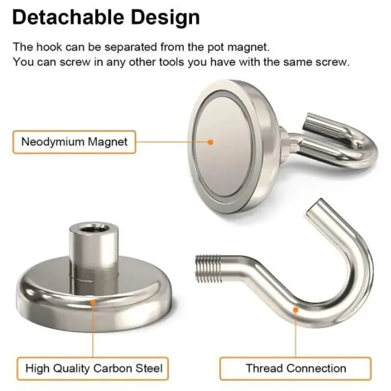 A set of detachable magnetic hooks made from neodymium magnet and high quality carbon steel with a thread connection.