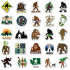 A pack of stickers featuring various Bigfoot and Sasquatch related designs like a walking ape, a bear, and a Bigfoot footprin