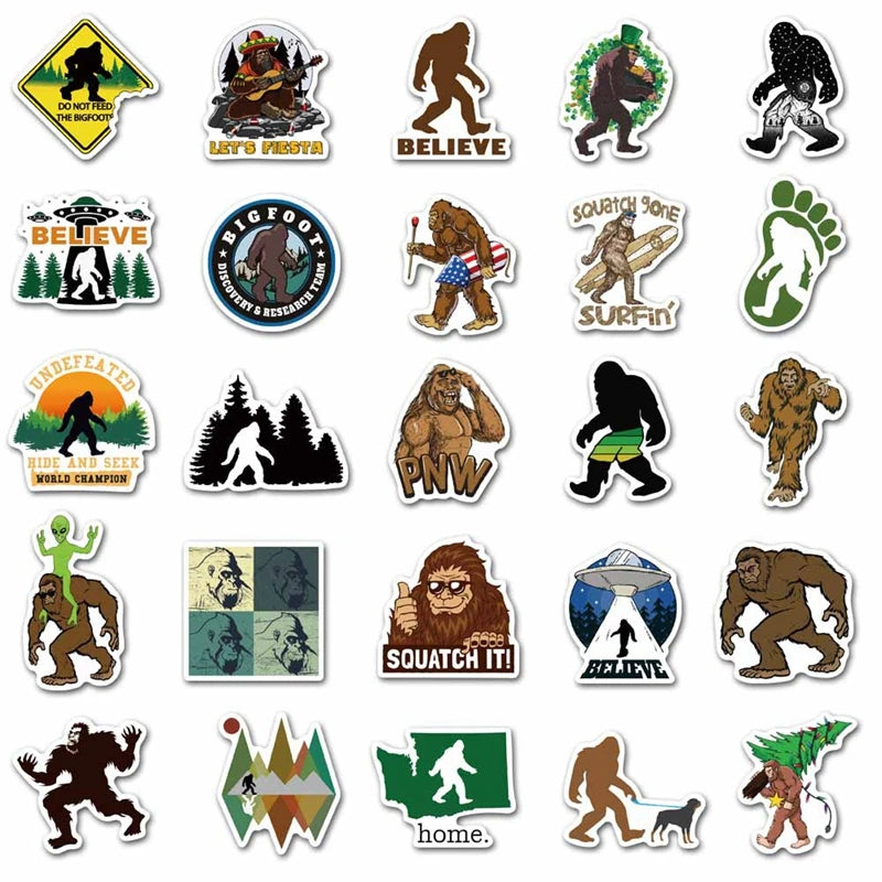 A pack of stickers featuring various Bigfoot and Sasquatch related designs like a walking ape, a bear, and a Bigfoot footprin