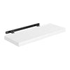 A white wooden floating wall shelf with a black mounting bracket.