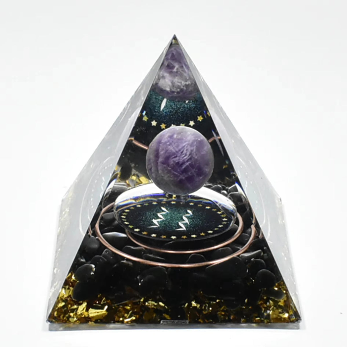 Handmade resin orgonite pyramid featuring natural obsidian and a copper coil.