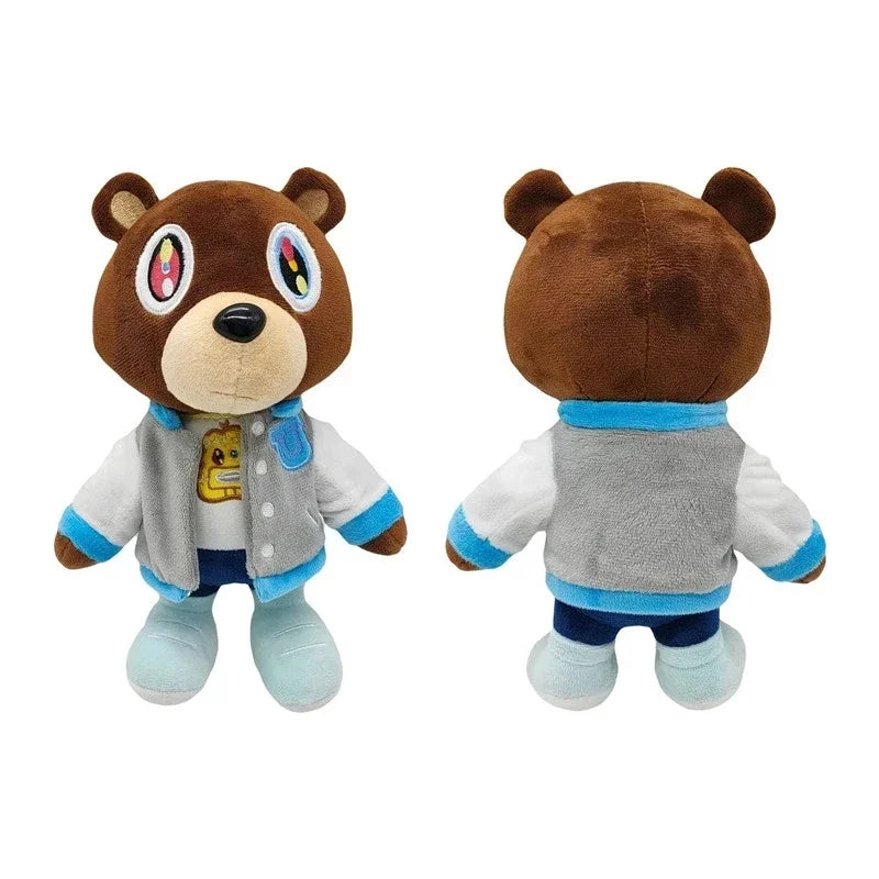 A pair of brown bear plush toys dressed in graduation attire, featuring gray and blue clothing.