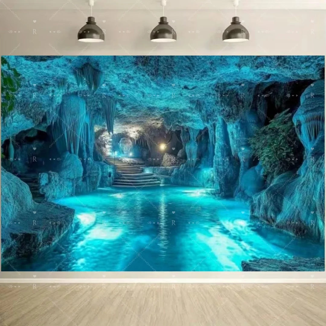 An immersive blue cave beach backdrop featuring clear turquoise water and rock formations.