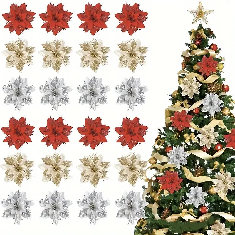 Glitter Christmas Flower Ornaments with Clips (Set of 5)