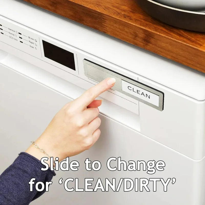 A hand slides a stainless steel sign labeled CLEAN on a dishwasher door to change the indicator to DIRTY.
