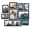 A collection of nine framed photographs featuring couples, landscapes, and architectural structures.