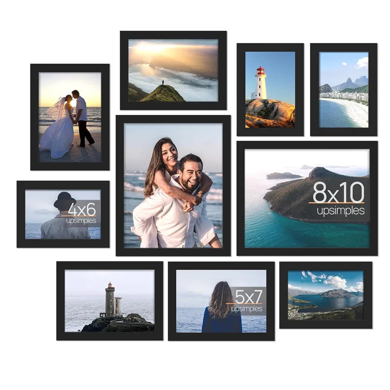 A collection of nine framed photographs featuring couples, landscapes, and architectural structures.