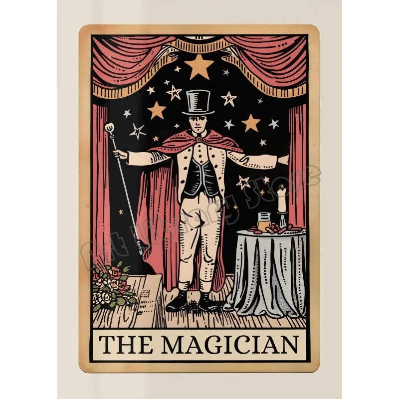 A vintage-style illustration of a magician in a velvet curtain, holding a wand, against a dark background.