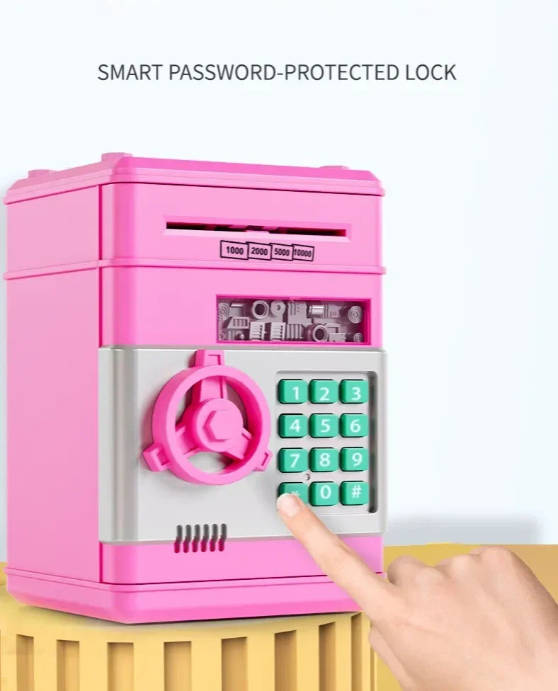 A pink smart password-protected lock piggy bank with a numeric keypad being operated by a finger.