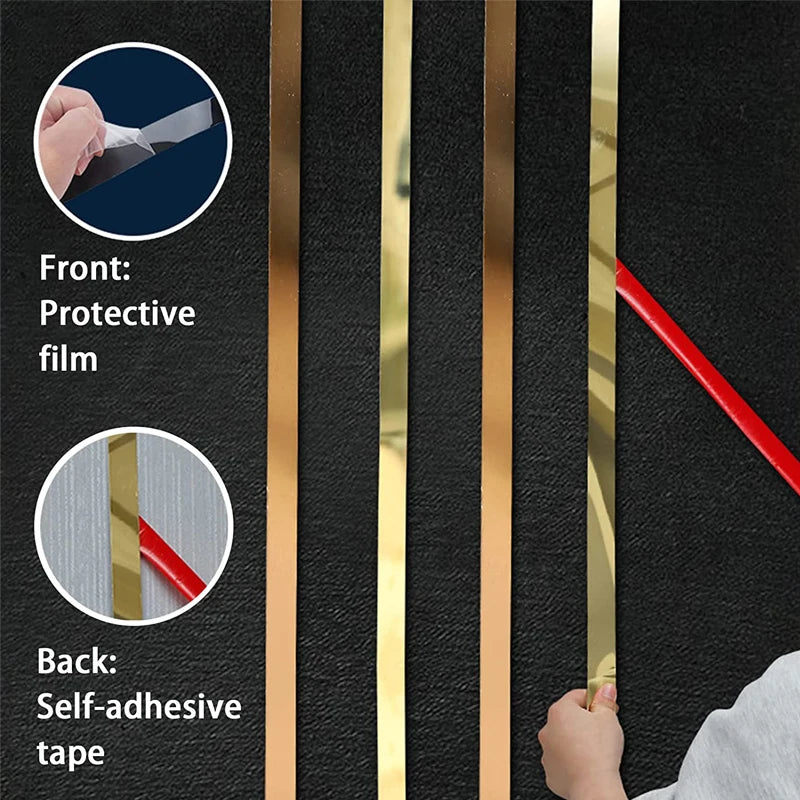 Close-up view of gold mirror self-adhesive stainless steel decorative wall trim showing the front protective film and back ad